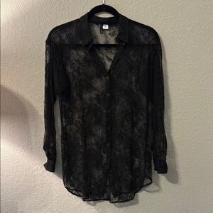 Black Lace Button-Up Blouse